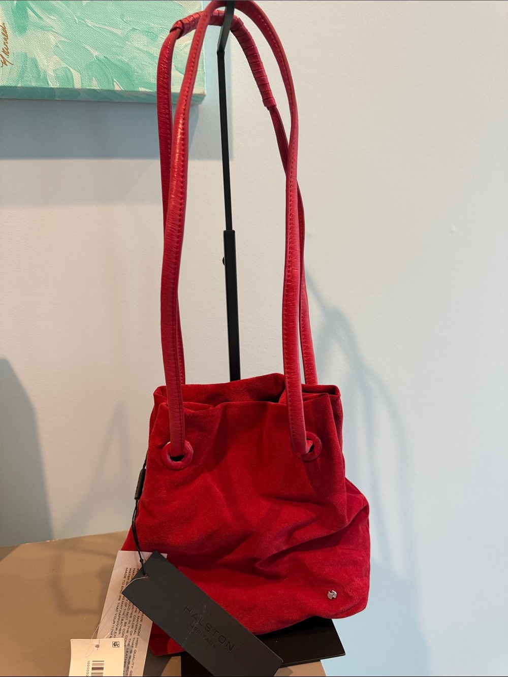Halston Heritage Red Suede Drawstring Mini Bucket Bag